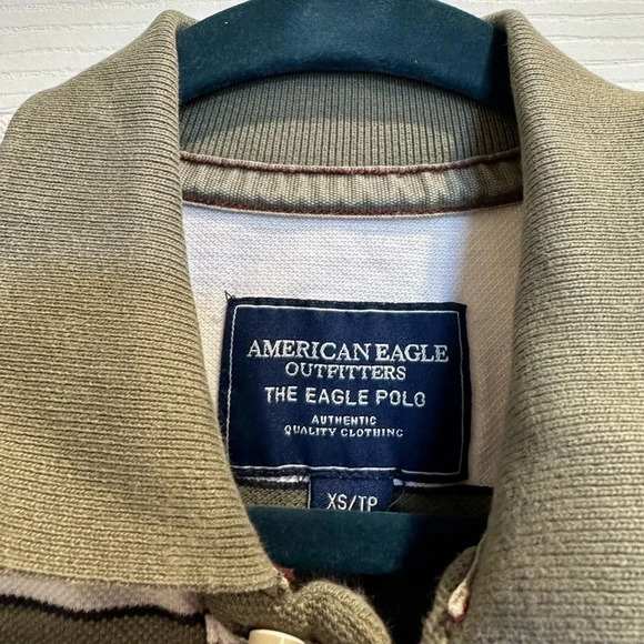 American Eagle Outfitters Green White Striped Eagle Polo Shirt Size XS - Picture 2 of 3
